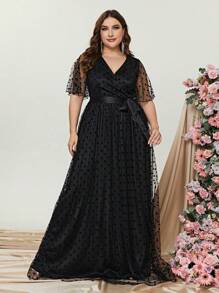 Plus Dobby Mesh Overlay Belted Dress - Black - View 1