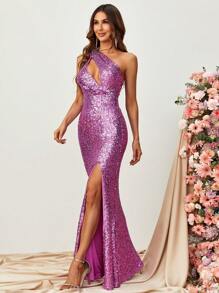 One Shoulder Cut Out Split Thigh Sequin Formal Dress - Purple - View 6