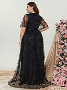 Plus Dobby Mesh Overlay Belted Dress - Black - View 2