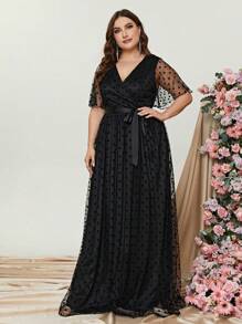 Plus Dobby Mesh Overlay Belted Dress - Black - View 3