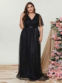 Plus Dobby Mesh Overlay Belted Dress - Black - View 5