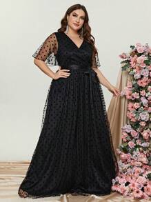 Plus Dobby Mesh Overlay Belted Dress - Black - View 6