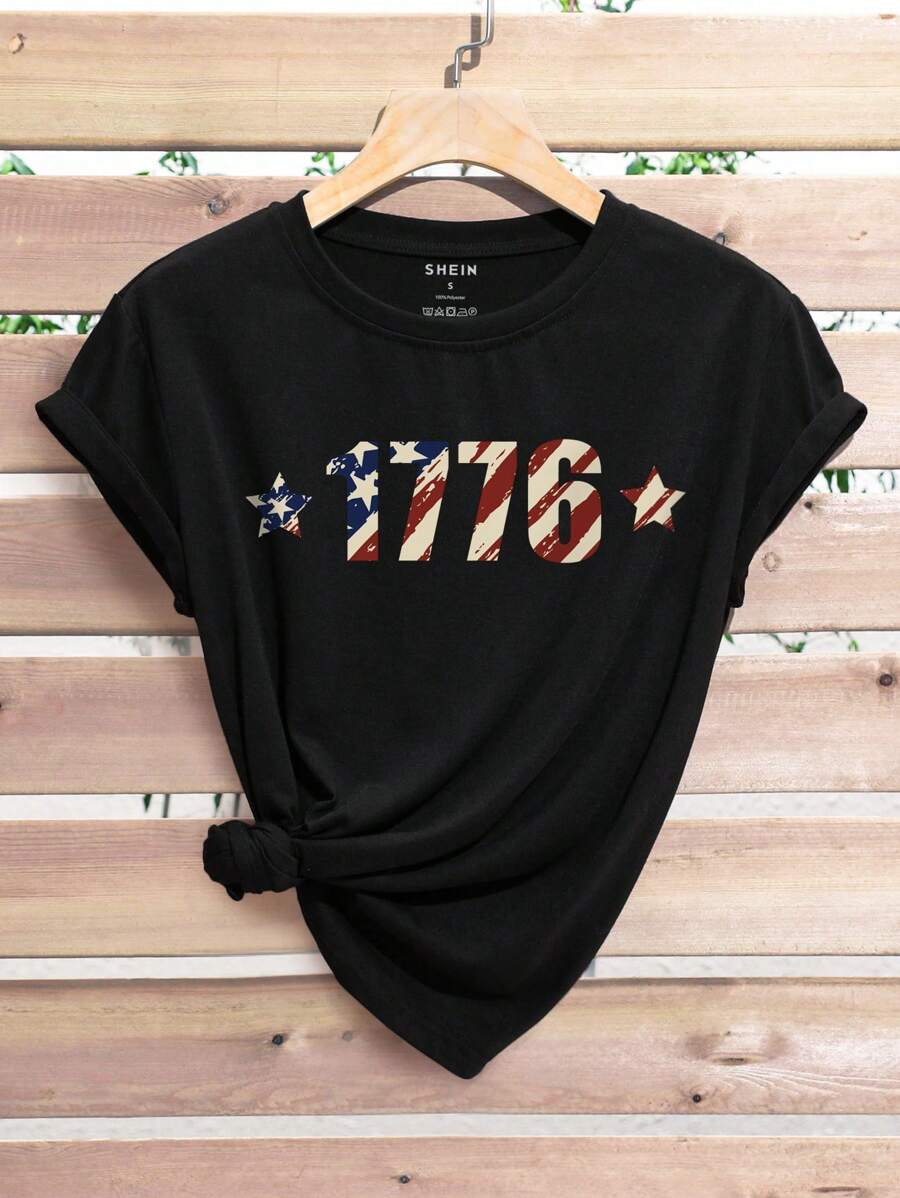 SHEIN LUNE Áo thun nữ Hình học Lá thư Giải trí - màu đen - Xem 1