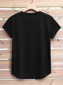 SHEIN LUNE Áo thun nữ Hình học Lá thư Giải trí - màu đen - Xem 2