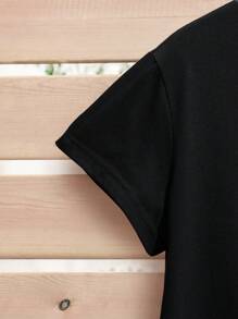 SHEIN LUNE Áo thun nữ Hình học Lá thư Giải trí - màu đen - Xem 3