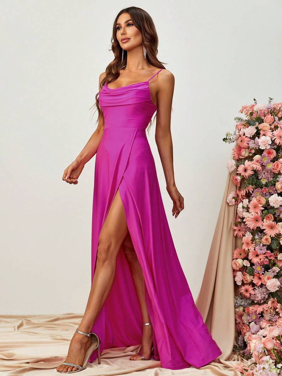 Draped Collar Wrap Hem Cami Dress - Hot Pink - View 1