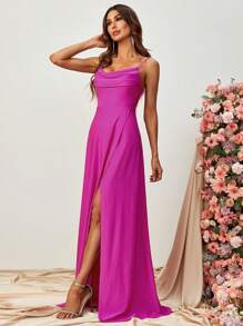 Draped Collar Wrap Hem Cami Dress - Hot Pink - View 3