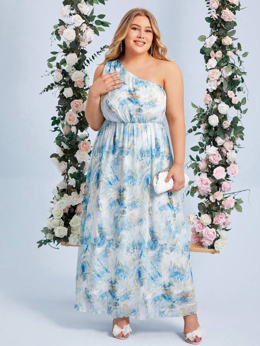 SHEIN Belle 大碼紮染單肩連衣裙 - 彩色 - 查看 1