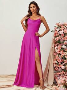Draped Collar Wrap Hem Cami Dress - Hot Pink - View 4