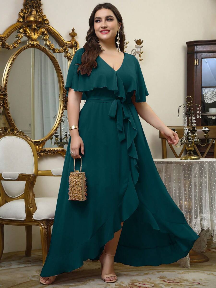 UNITHORSE Plus Ruffle Trim Wrap Belted Chiffon Bridesmaid Elegant Dress