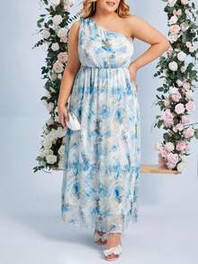 SHEIN Belle 大碼紮染單肩連衣裙 - 彩色 - 查看 5
