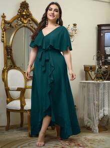 UNITHORSE Plus Ruffle Trim Wrap Belted Chiffon Bridesmaid Elegant Dress - Green - View 5