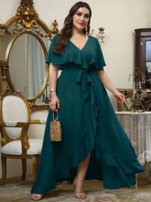 UNITHORSE Plus Ruffle Trim Wrap Belted Chiffon Bridesmaid Elegant Dress - Green - View 6