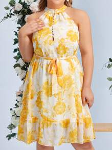 SHEIN Belle Hơn In hoa Xù Hoa Sen Thắt lưng Dây Váy phù dâu - Nhiều màu - Xem 1