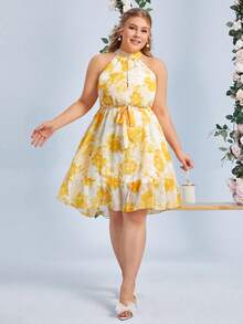 SHEIN Belle Hơn In hoa Xù Hoa Sen Thắt lưng Dây Váy phù dâu - Nhiều màu - Xem 3