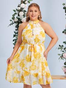 SHEIN Belle Hơn In hoa Xù Hoa Sen Thắt lưng Dây Váy phù dâu - Nhiều màu - Xem 4