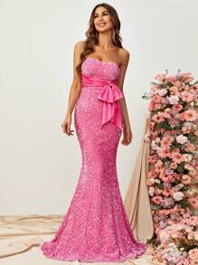 Đầm Lộ Lưng Dây kéo ghép mộng kim sa Nơ bướm lớn màu trơn Buổi tiệc - Hồng - Xem 6