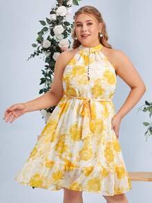 SHEIN Belle Hơn In hoa Xù Hoa Sen Thắt lưng Dây Váy phù dâu - Nhiều màu - Xem 5