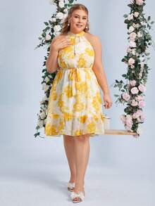 SHEIN Belle Hơn In hoa Xù Hoa Sen Thắt lưng Dây Váy phù dâu - Nhiều màu - Xem 6