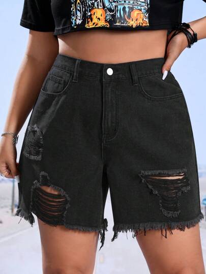 SHEIN EZwear Shorts mezclilla desgarro bajo crudo