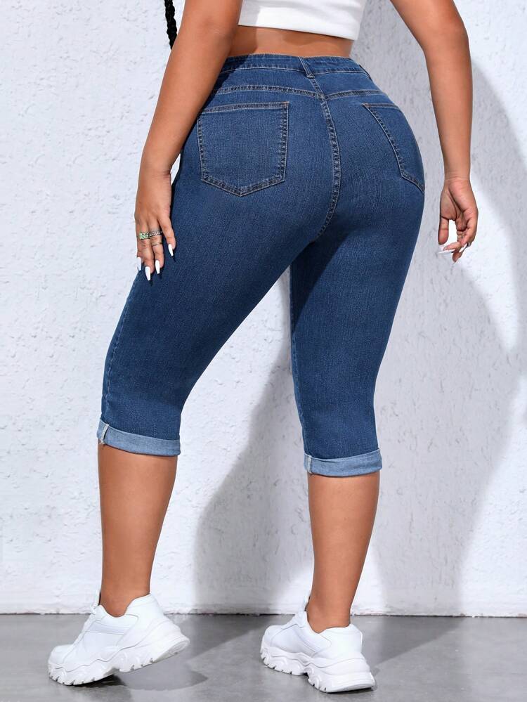 Plus High Waist Roll Up Hem Skinny Capri Jeans