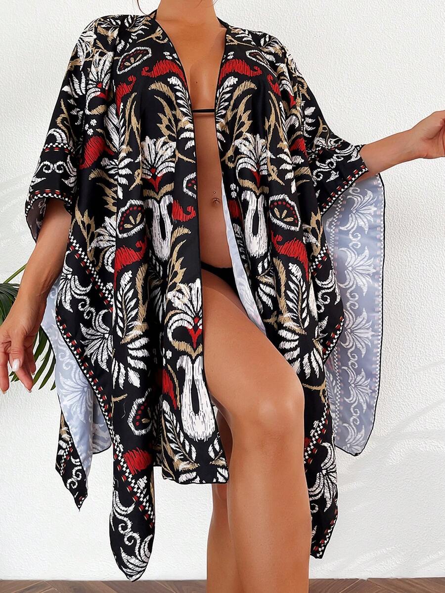 SHEIN Swim Summer Allover Print Batwing Sleeve Kimono - Black - View 1