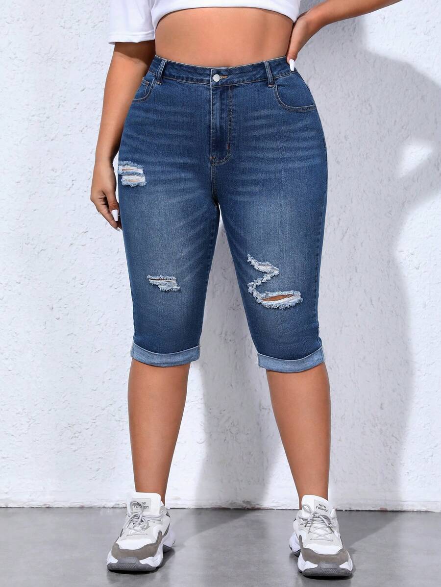 CovetEZ 大碼高腰破洞卷邊緊身牛仔褲 - 深色水洗藍 - 查看 1