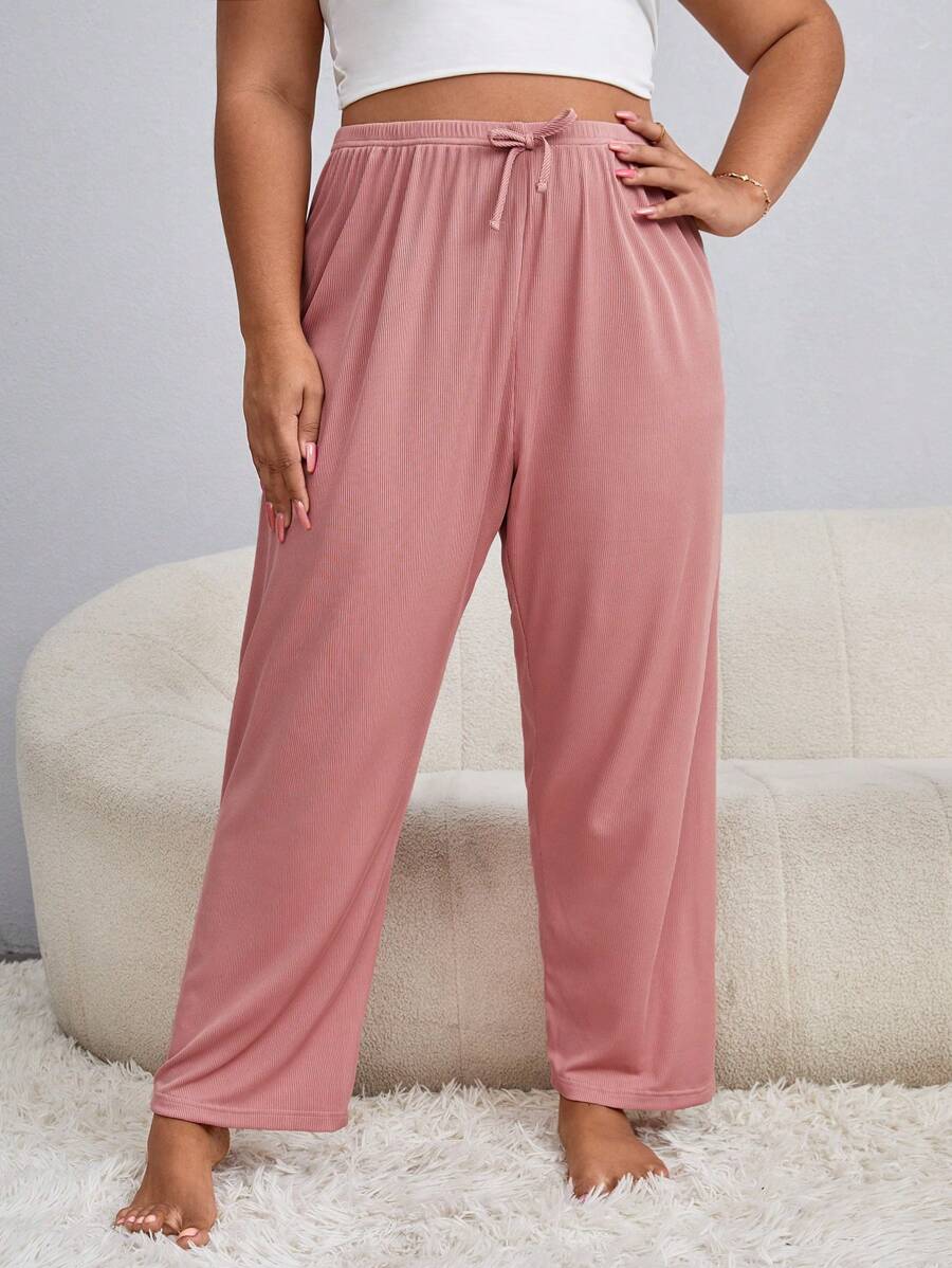 Pantalones de dormir de cintura con cordón tejido de canalé - Rosa vieja - Ver 1