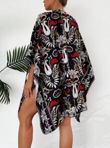 SHEIN Swim Summer Allover Print Batwing Sleeve Kimono - Black - View 2