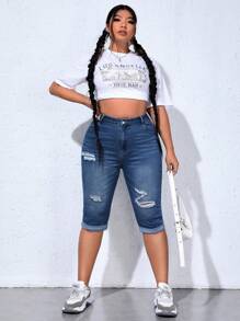 CovetEZ 大碼高腰破洞卷邊緊身牛仔褲 - 深色水洗藍 - 查看 3