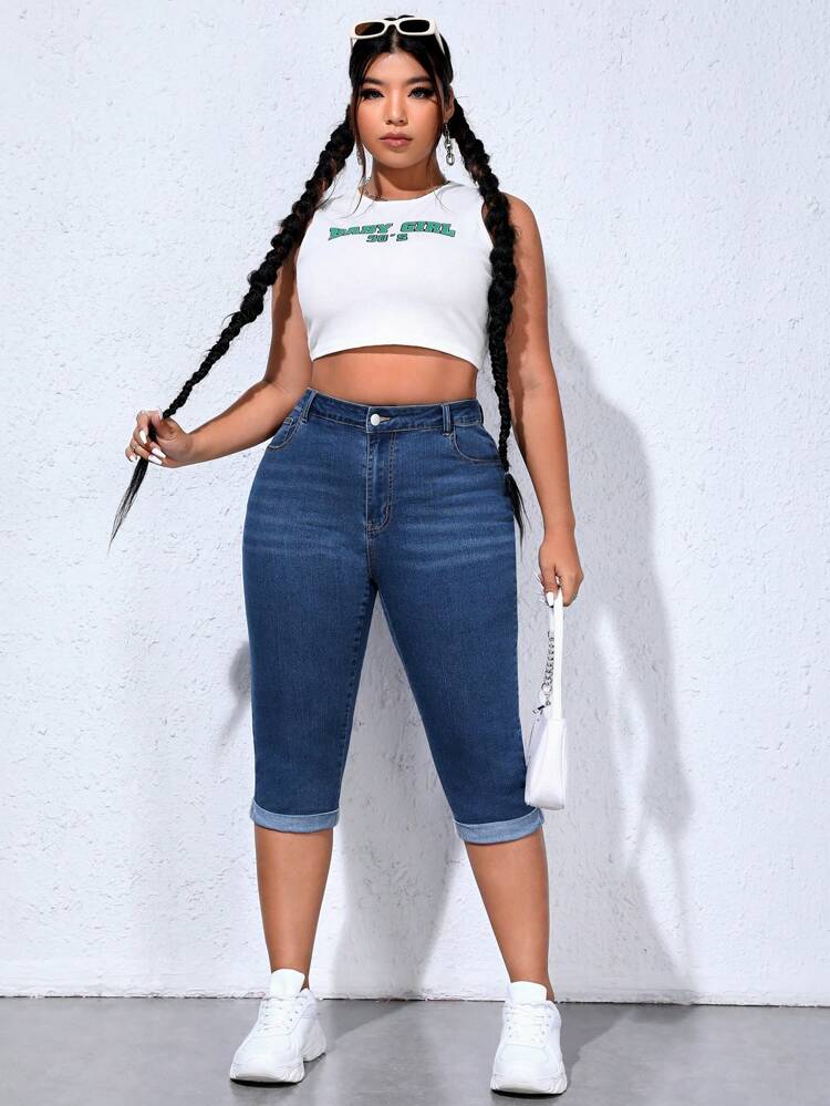 Plus High Waist Roll Up Hem Skinny Capri Jeans