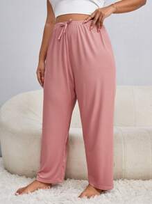 Pantalones de dormir de cintura con cordón tejido de canalé - Rosa vieja - Ver 3