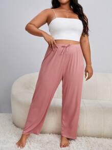 Pantalones de dormir de cintura con cordón tejido de canalé - Rosa vieja - Ver 4