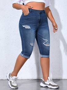 CovetEZ 大碼高腰破洞卷邊緊身牛仔褲 - 深色水洗藍 - 查看 5