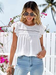 SHEIN LUNE Swiss Dot Guipure Lace Insert Ruffle Trim Blouse - White - View 4