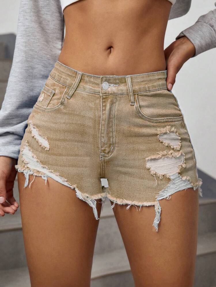 Ripped Raw Hem Denim Shorts