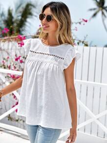 SHEIN LUNE Swiss Dot Guipure Lace Insert Ruffle Trim Blouse - White - View 6