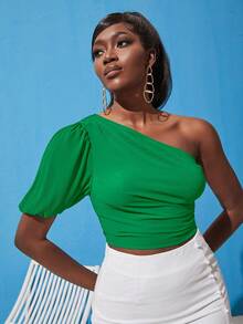 SHEINNeu One Shoulder Puff Sleeve Ruched Side Crop Top - Green - View 4