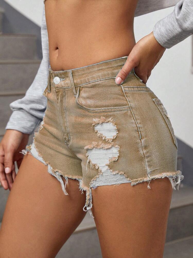 Ripped Raw Hem Denim Shorts