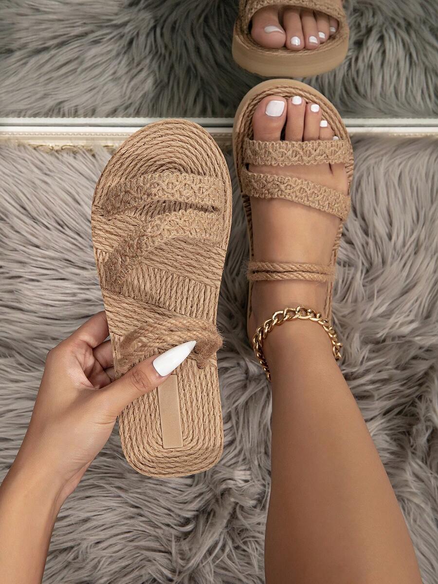 Women Braided Detail Flat Sandals, Vacation Linen Slide Sandals,Spring Summer Outfits