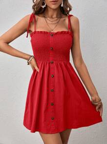 SHEIN VCAY Solid Button Front Cami Dress - Red - View 3
