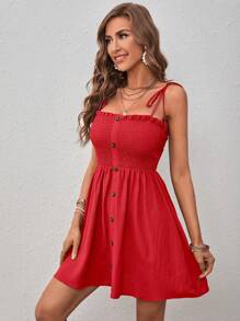 SHEIN VCAY Solid Button Front Cami Dress - Red - View 5