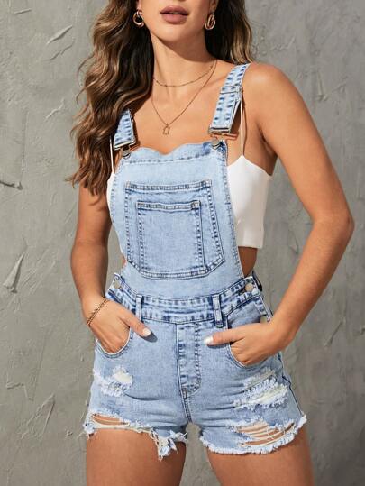 SHEIN Essnce 破洞毛邊牛仔連體短褲不附抹胸