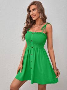 SHEIN VCAY 素色前紐扣吊帶洋裝 - 綠色 - 查看 6