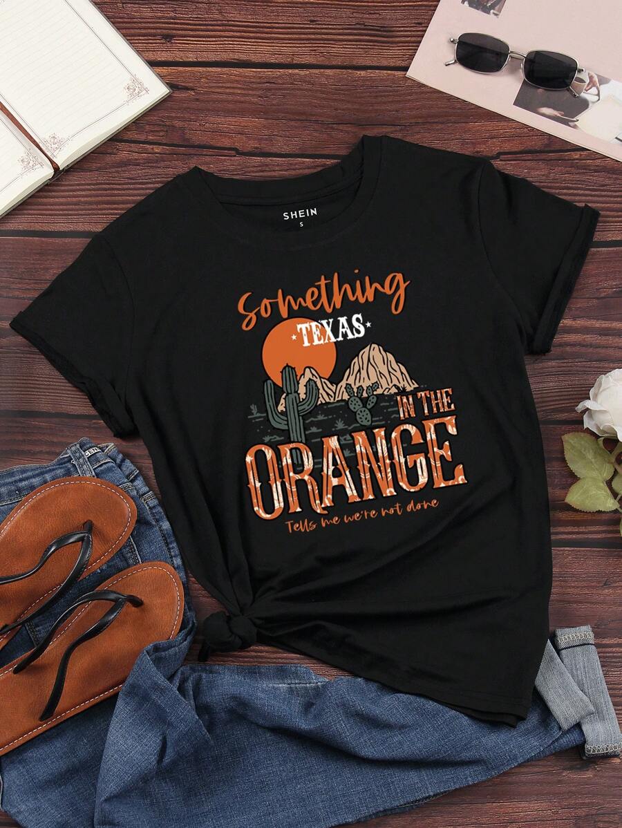 SHEIN LUNE Cactus And Slogan Graphic Tee - Black - View 1