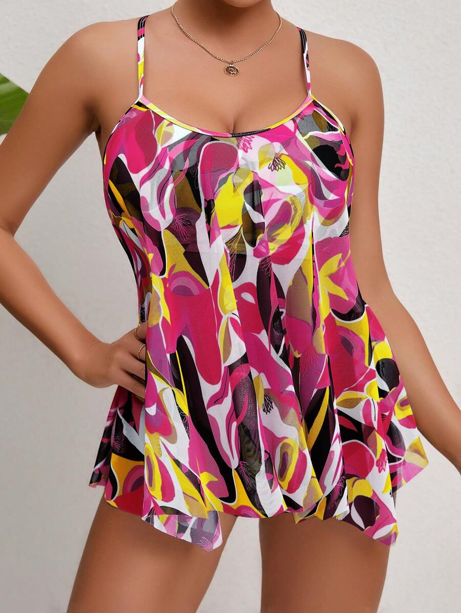 Allover Print Ruffle Hem Tankini Summer Beach - Multicolor - View 1