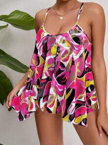 Allover Print Ruffle Hem Tankini Summer Beach - Multicolor - View 5