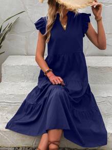 Breezaya 缺口领荷叶边饰罩衫长款度假海滩装女装 - 藍色 - 查看 4