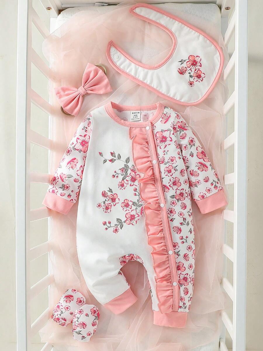 SHEIN Baby Girl Newborn Floral Print Ruffle Trim Jumpsuit & Accessory Headband & Bib & Gloves - White - View 1