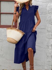 Breezaya 缺口领荷叶边饰罩衫长款度假海滩装女装 - 藍色 - 查看 5